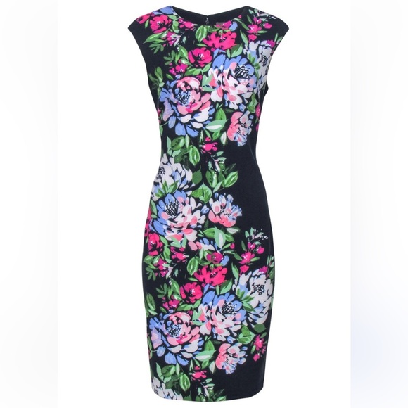 Vince Camuto Floral Scuba Sheath Dress Navy Blue Sleeveless Round Neckline 8 - Picture 1 of 9